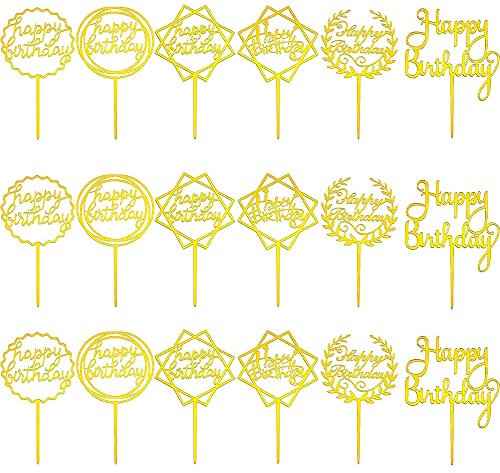 18 Stück Goldenes Happy Birthday Tortendeko Set Acryl Glitter Caketopper Gold Geburtstag Dekoration Topper Acryl Glitter Cupcake Topper für Geburtstagspartys Dekoration Tortendeko