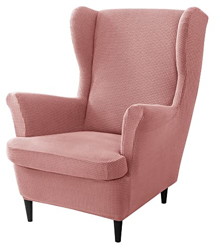 CONRUSER Stretch Wingback Chair Covers, 2 Piece Wing Chair Slipcovers Soft Jacquard Armchair Covers with Elastic Bottom for Living Room Bedroom (Pink)