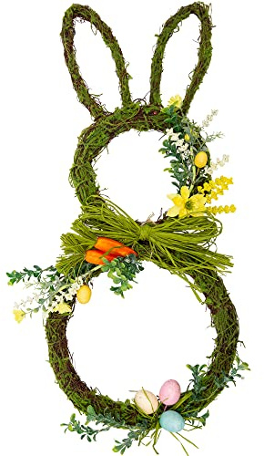 VGIA 27 Inch Easter Wreath Artificial Easter Rabbit Wreath Spring Bunny Wreath for Front Door Easter Decorations with Pastel Eggs Carrots and Flowers for Home Decorations