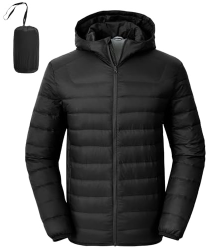 Rdruko Men's Down Puffer Jacket with Hood Packable Lightweight Puffy Winter Coat Hooded, Black, XXL