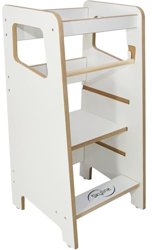 Skyline Steh und Lernturm Baby ab 1 Jahr Montessori Learning Tower Höhenverstellbar Tritthocker Kinder Indoor Möbel Kinderzimmer Trittschemel Kitchen Helper Hochstuhl Faltbarer Weiß