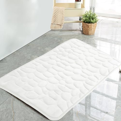 HMIEPRS Alfombra de Baño Antideslizante,Alfombrilla Ducha de Terciopelo Coral Suave Lavable a Máquina,Alfombras Baño Superabsorbente con Relieve Guijarros para Ducha Inodoro(Blanco lechoso, 40 x 60cm)