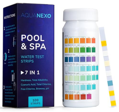 AQUANEXO 100 Strisce Reattive 7 in 1 per Piscina e Spa - Tester Acqua per pH, Cloro, Bromo, Alcalinità, CYA, Durezza