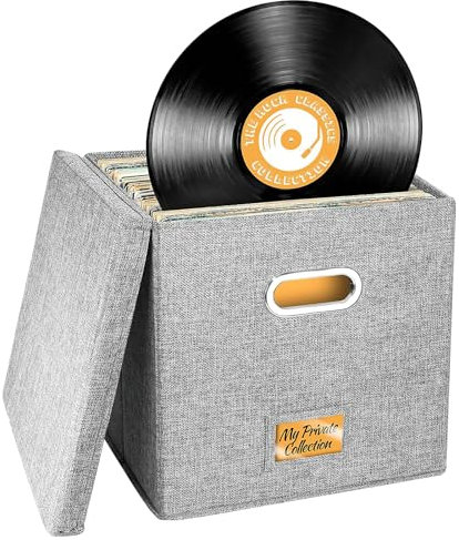 Aolawco 12 inch Vinyl Record Storage Box, CD Storage Case with Lid & Handles, Folding LP Storage Boxes Holds up to 100+ Single Records, Records Organizer for Albums, CDs, Magzine, Files - Grey