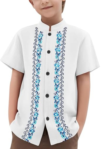 FYMNSI Boys Shirts Toddler Baby Mexican Guayabera Button Down Shirt Short Sleeve Embroidered Traditional Ethnic Mexico Birthday Cinco De Mayo Outfit Hawaii Beach Holiday Summer Clothes White 5-6T
