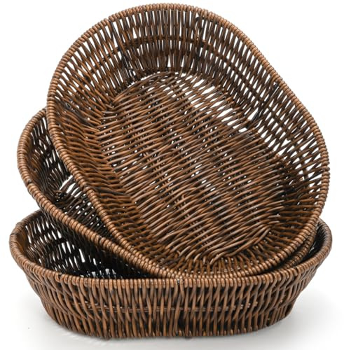 ZAVOOS 3 Pack Wicker Bread Basket, 11 Inch Woven Oval Food Baskets for Serving, Tabletop Stackable Pantry Organizer Bin for Home Kitchen, Restaurant, Bakery, Fruit Vegetable Storage, Brown