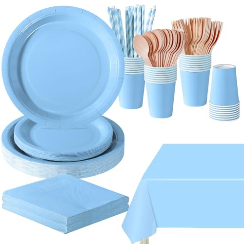 PYAILI Stoviglie per Feste 169 Pezzi Azzurro Festa della Addobbi Ragazza di Compleanno dei Dambini Articoli per Feste Set Include Piatto Carta Party Tazze Tovaglioli -24 Ospiti