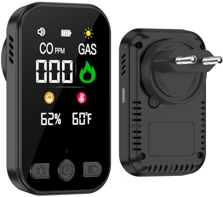 Wolf Guard 4 in 1 Rilevatore di Gas e Monossido di Carbonio con Spina per Casa, Rivelatore di Gas Combustibile per Gas Naturale LPG Metano Propano Butano, con Batteria, HD12 (nero)