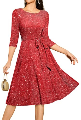 DRESSTELLS Red Valentines Day Dresses, Sequin Cocktail Party Formal Wedding Guest Sparkly Midi Dress, 3/4 Sleeve Gala 1950s Vintage Bridemaid Prom Evening Gown Red M