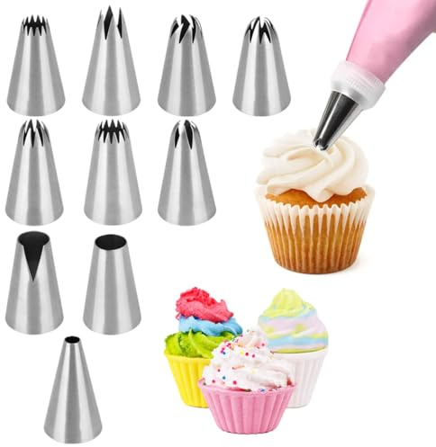 DORKIN Bocchette decorative per pasticceria, set da 10 grandi bocchette per pasticceria, bocchette riutilizzabili in acciaio inossidabile, ideali per torte e muffin