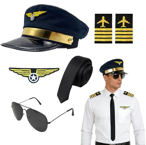 GYIOFAI Set di 6 accessori per costume da capitano di compagnia aerea, per Halloween, pilota di aereo, capitano di aereo, cappello da aviatore, fascia da braccio, distintivo, cravatta, occhiali, per