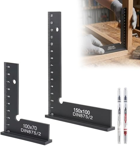 Anschlagwinkel Set 2 Stück 90° Schlosserwinkel mit Messskala (cm) + 2 Zimmermanns Marker, Präzisions Anschlagwinkel Metall & Schreinerwinkel für Metallbau, Holzarbeit & Werkstatt, 150x100mm & 100x70mm