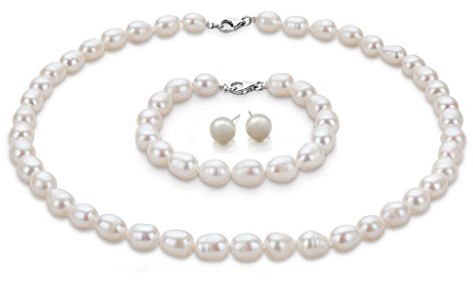 Treasure Bay Parure di gioielli da donna – elegante 8 – 9 mm a forma di riso perle d'acqua dolce collana bracciale e orecchini con perle in bianco, nero, grigio, rosa e multicolore, Argento, Perla