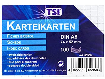 TSI 65958 Karteikarten DIN A8 (74 x 52 mm), 100er Packung, beidseitig kariert, Farbe weiß