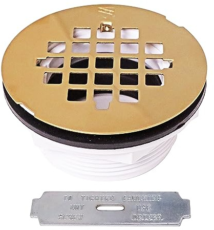 Westbrass D206P-01 2 No-Caulk PVC Compression Shower Drain with 4-1/4 Round Grid Cover, Polished Brass