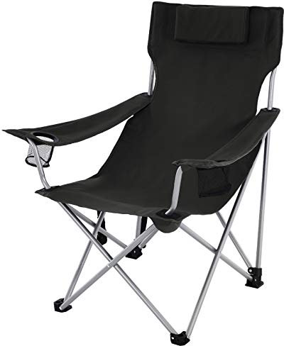 SONGMICS Campingstuhl, Klappstuhl, Outdoor-Stuhl mit Armlehnen, Kopfstütze und Getränkehaltern, stabiles Gestell, bis 150 kg belastbar, schwarz GCB09BK