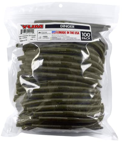 Yum Lures Dinger Classic Worm All-Purpose Soft Plastic Bass Fishing Lure 100 Pack, Green Pumpkin Flake, 5 Inch