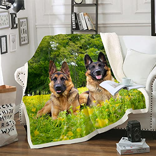 Homemissing 3d Dog Sherpa Blanket Cute German Shepherd Fleece Throw Blanket For Kids Boys Girls Branches Grass Plush Couple Pet Puppy Dog For Sofa Bed,Single 50x60 Inch