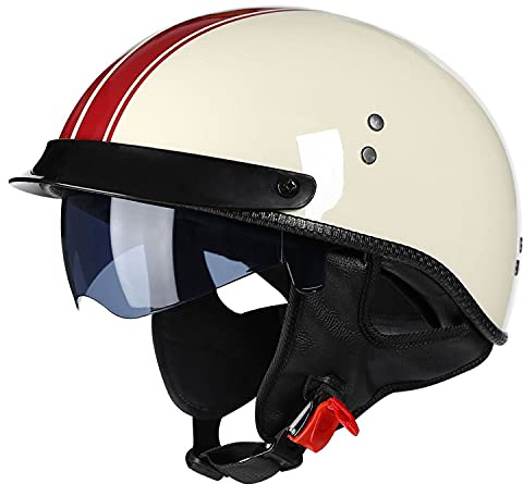Halbschalenhelm Mit ECE Zulassungiber Brain-Cap Halbschale Jethelm Rollerhelm Scooter-Helm Retro Half Helm mit Built-in Visier für Cruiser Chopper Biker Moped DOT/ECE-Zulassung A,XL=61-62CM