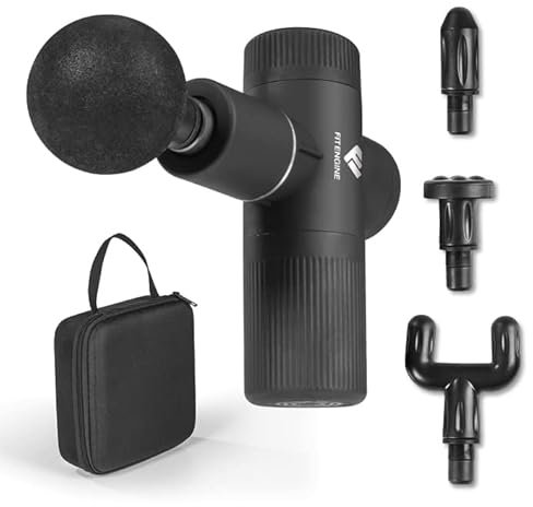 FitEngine Mini Massage Gun | 4 Aufsätze mit 6 Intensitätsstufen | Massagepistole für Nacken, Waden, Rückenstrecker etc. zur gezielten Muskel-Massage | Inkl. Transportkoffer