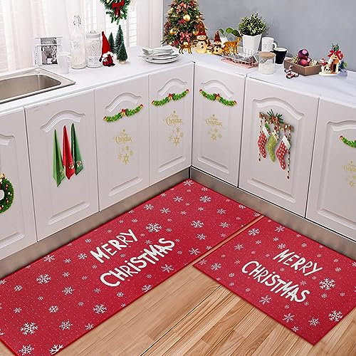 CAROMIO Weihnachts Küchenteppiche 2 Stück 40x60+40x120 cm Küchenläufer rutschfest Waschbar Flur Bodenmatte und Fußmatte Küchen Teppich Weihnachtsdekor Küchenmatte mit Schnee Merry Christmas Rot