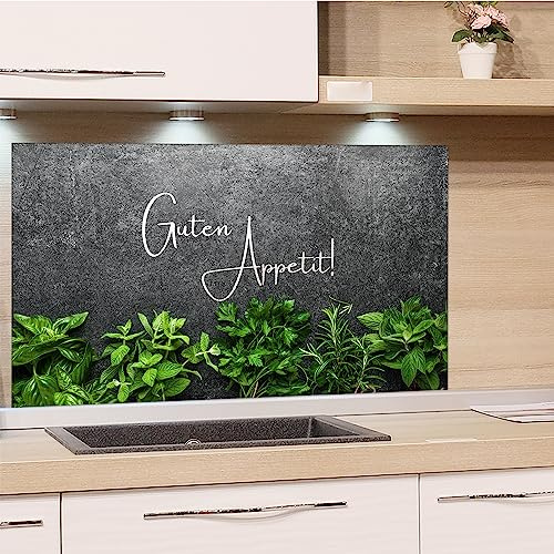 GRAZDesign Spritzschutz Küchenrückwand Glas Küche für Herd & Küchenspüle, Kräuter Guten Appetit Glasplatte Rückwand Küchenwand Wandschutz | 80x50cm