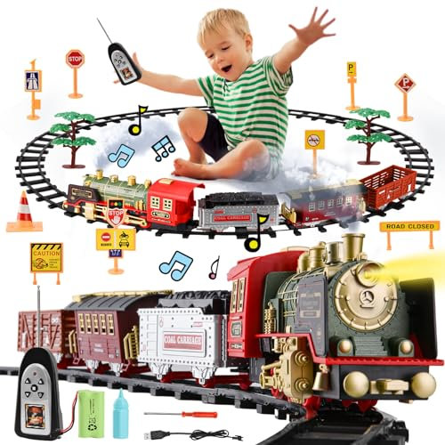 DAOUZL Train Electrique Enfant, Circuit Train Electrique, Télécommande Ensembles de Train à Vapeur avec Fumée, Lumière, Son, Rechargeable, Jouet de Train électrique Cadeau pour Enfants 3 4 5 6 7 8 9