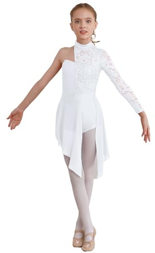 Hedmy Vestido de Baile Niña Leotardos Patinaje Maillot Ballet con Falda Malla de Gimnasia Rítmica de Manga Larga de Encaje Vestido Danza Lírica Contemporánea Blanco 11-12 años