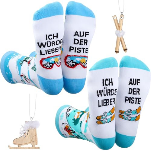 Boyiee Ich Würde Lieber Socken 2 Paar Skifahren Socken 2 Holzanhänger in Form von Skistöcken und Skischuhen Lustige Geschenke für Skifahrer Lustige Skisocken Skifahren Geschenke Weihnachtsgeschenke