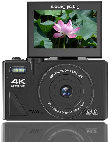 Digitalkamera, Autofokus UHD 5K-vloggningskamera med 3-tums Vändskärm, 64 MP 18X Digital Zoom Anti Shake Videokamera, Kompakt Resekamera för Barn Tonåringar Vuxen (Svart)