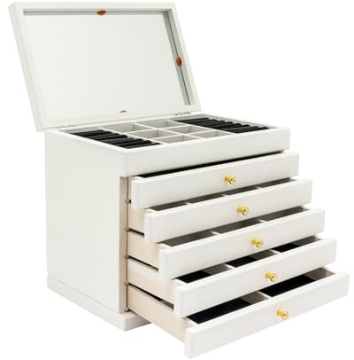 SUONTY Portagioie a 6 ripiani, con 5 cassetti e specchio per collane, orologi, anelli, bracciali, orecchini