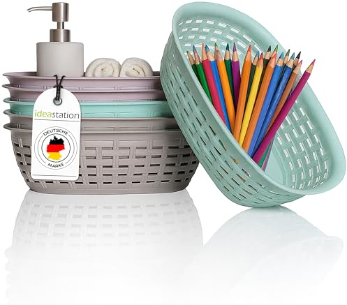 idea-station Aufbewahrungskorb Plastik in Rattan Optik - 6 Stück - 2L / 25.5x18x7.5 cm - pastell - stapelbarer Korb Aufbewahrung - kleine Körbchen Bad - Organizer Körbe & Behälter
