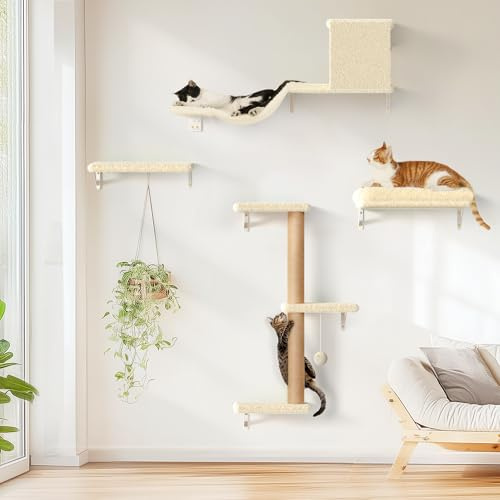 FUKUMARU Cat Wall Shelves, Stable & Safe 4 in 1 Large Cat Walls Furniture Set, Wooden Kitten Climbing Wall with Scratching Post for 16 Inch Drywall - Beige