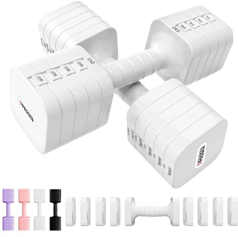 20KG Pesas y Mancuernas Ajustables 5 en 1, Par de 2 (Cada una Regulable a 2/4/6/8/10 kg), Pesas Ajustables para Mujeres y Hombres, Gym Dumbbell Set, Ideal para Entrenamiento Gimnasio en Casa - Blanco