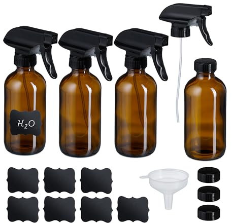 Relaxdays Spruzzino Nebulizzatore, Set 4 Bottiglie Spray Vuote da 250 ml, Vaporizzatore Parrucchieri, Pulizia, Marrone, Vetro, Plastica