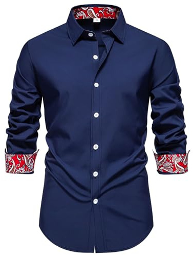 Allthemen Camisa Manga Larga Hombre Slim Fit Shirts de Vestir Formal Negocios Solapa con Botónes Elegante Boda Azul L