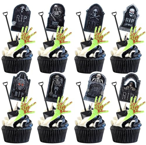 Xsstarmi 60 Pack Halloween Tombstone Cupcake Toppers with Bloody Hand Zombie Spooky Graveyard Cupcake Picks for Horrible Birthday Halloween Party DIY Cake Decorations Supplies