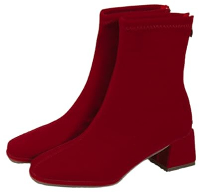 Röda Ankelstövlar Dam Mocka Korta Stövlar Chelsea Ankelboots Vintage Fyrkantig Tå Stövlar Med Blockklack Plus Size Ankelskor Med Dragkedja(37 EU)