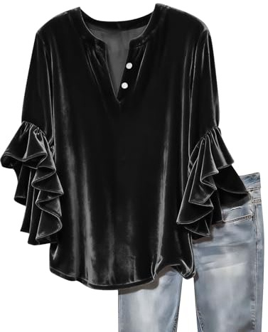 Blusa elegante para mujer, manga 3/4, manga larga, terciopelo, volantes, cuello en V, blusa de verano, elegante, túnica, informal, suelta, básica, para el día a día, O negro., XL