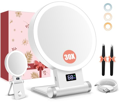 B Beauty Planet 1x/30 x förstoringsspegel med ljus, batteridisplay, 4-i-1 stativ, 2 000 mAh, klämmor ingår, dubbelsidig, 3 färger, justerbar, vikbar - för hem och resor