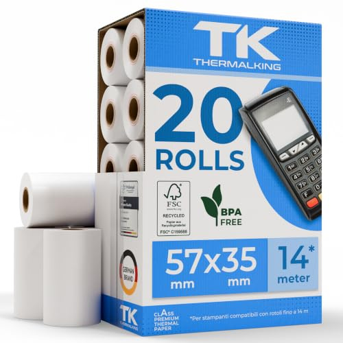 20x EC Cash Termiska pappersrullar, bredd 57 mm, diameter 35 mm, ärmdiameter 12 mm, längd 14 m, perfekt för kvitton, elektroniska betalningsterminaler