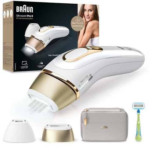 Braun IPL Silk Expert Pro 5 PL5124 Generation IPL, dauerhaft sichtbare Haarentfernung für Damen und Herren, mit Premium-Tasche, Venus Rasierer und Präzisionskopf, Weiß und Gold