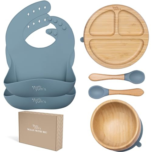 Baby Bamboo weaning Set Presented by Yum Yum's - Bamboo Plate and Bowl Set - Suction Bowl and Plate - Baby Feeding Set - Spoon Set for BLW - 2 Baby weaning Bibs - (Iceberg Blue)