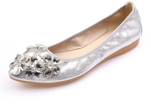 TN TANGNEST Womens Shiny Foldable Ballet Flats Wedding Rhinestone Slip On Flat Shoes Silver 40(8) 2