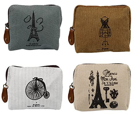 4 Stück Vintage Münzbeutel, MYLERCT Kleine Kosmetiktasche für Handtasche Klein Mini Canvas Geldbörse mit Reißverschluss Täschchen Kleinkram für Geldkarten Lippenstift und Augenbrauenstift