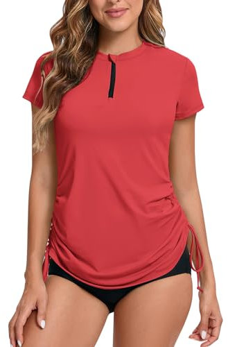 UV Shirt Damen Wasser 1/4 Reißverschluss Schwimmshirt Rashguard Damen Badeshirt Kurzarm Schwimm Tshirt Verstellbarer Saum UPF 50+ Wassermelone Rot L