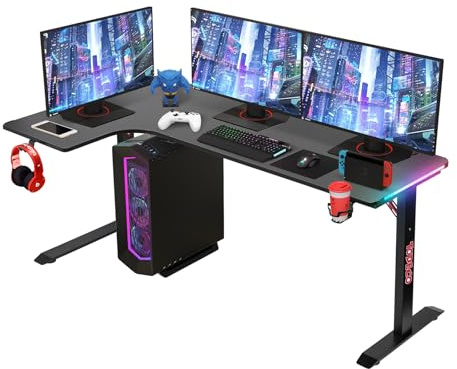 Todeco L-förmiger Gaming-Computertisch mit LED-Leuchten, Eckschreibtisch 160 x 100cm Gaming Schreibtisch, PC Tisch Gaming mit Kohlefaseroberfläche, mit Kopfhörerhaken Getränkehalter