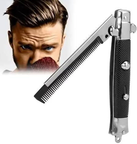 Peigne Pliable pour Homme | Acier Inoxydable | Peigne à Barbe à Lame de Commutation | Peigne de Coiffure Professionnel | Outil de Coiffure pour Coiffeur | Peigne de Coiffure