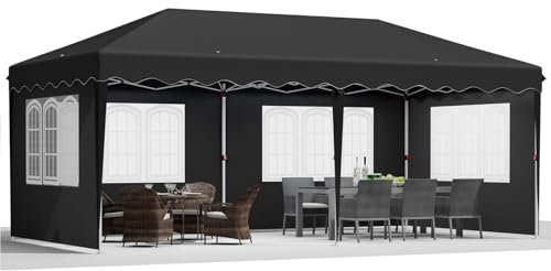 Pop Up Gazebo 3x6m, Waterproof Party Tent with 4 Side Panels, Marquee Gazebo with 420D Oxford Thickening, Sturdy Frame with Adjustable Height, for Garden Party Wedding (Black)