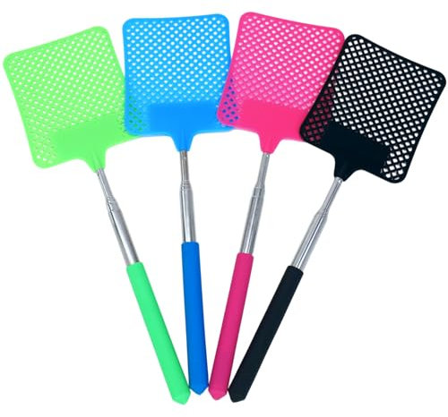 4 Pièces Extendable Fly Swatter, Tapettes à Mouches Télescopiques, Tapette Mouche Extensible en Acier Inoxydable et Plastique, Colorée, Réglable, pour Cuisine, Jardin, Camping, Intérieur et Extérieur